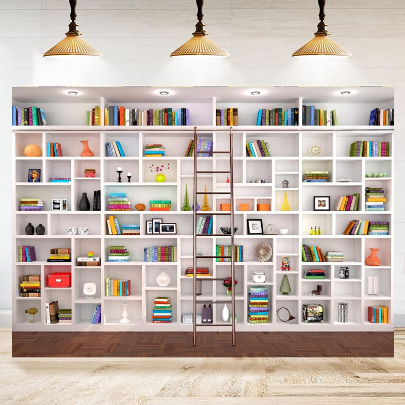 Home Office Zoom Background Free - White Bookshelf Photography Backdrop Bookcase Office
