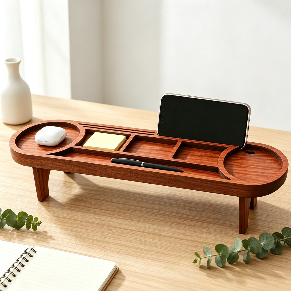 Home Office Call Center - Wooden Desk Organizer with Phone Stand
